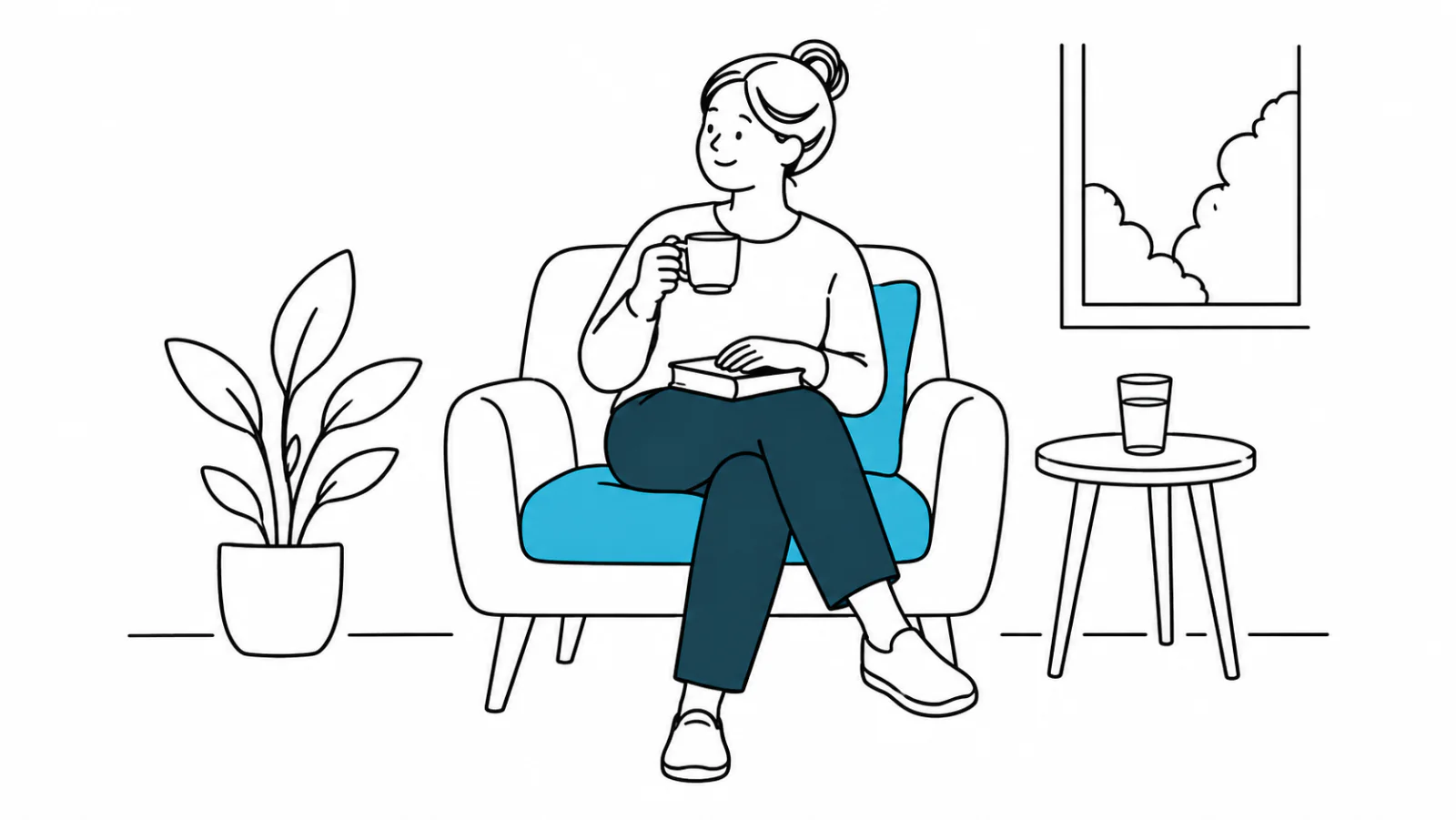 Uma cuidadora descansa numa poltrona, com uma chávena na mão e um livro no colo.