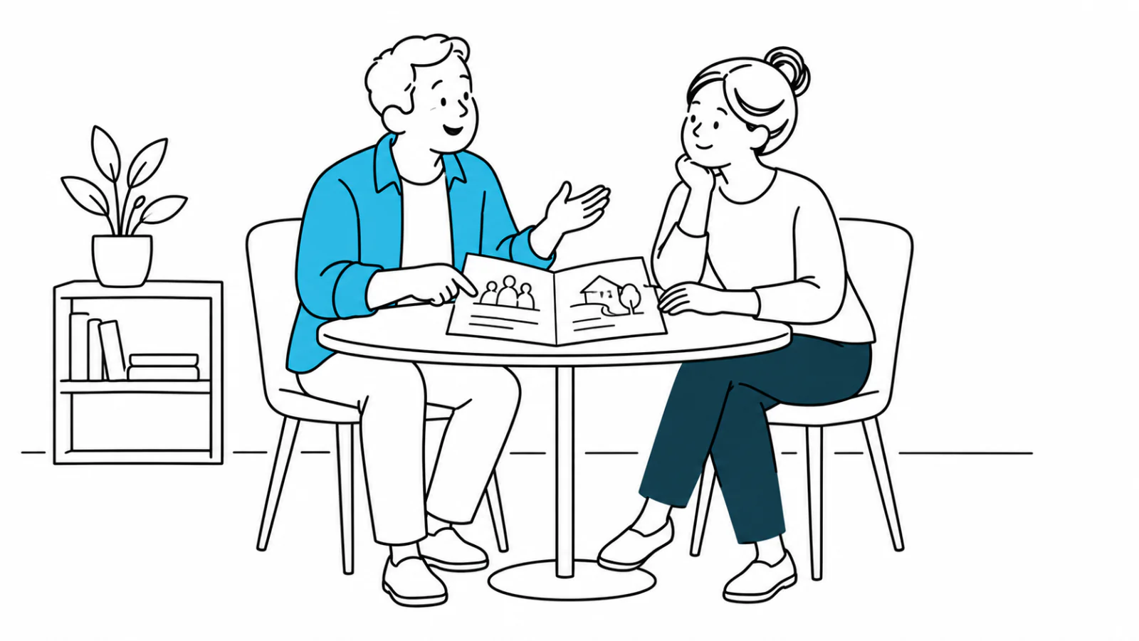 Uma cuidadora conversa com um profissional de apoio sobre os serviços disponíveis, consultando uma brochura.